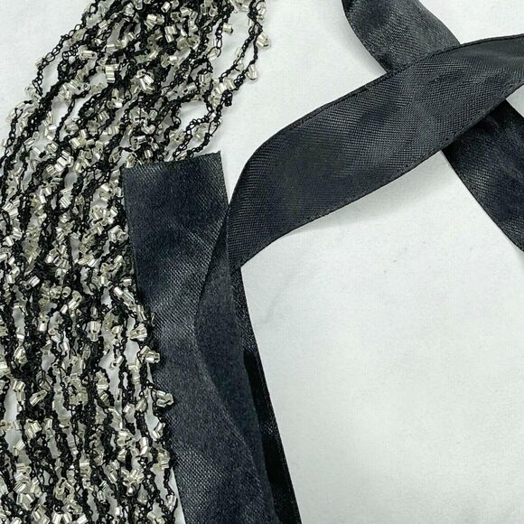 Black Multi Strand Beaded Ribbon Tie Necklace - Picture 3 of 11